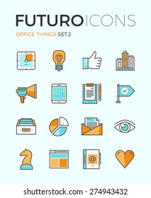 Line icons with flat design elements of marketing things and business essential tools, personal office equipment, work accounting routine. Modern infographic vector logo pictogram collection concept.