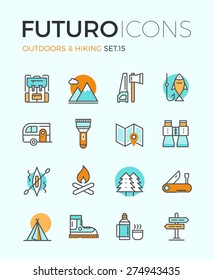 Line icons with flat design elements of camping equipment, hiking activity, outdoors adventure, mountain climbing, recreation tourism. Modern infographic vector logo pictogram collection concept.