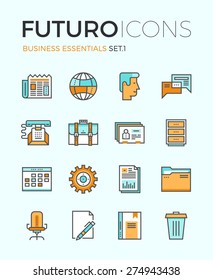 Line icons with flat design elements of business essentials object, everyday office tools, professional solution item, global communication. Modern infographic vector logo pictogram collection concept