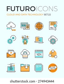 Iconos de línea con elementos de diseño plano de tecnología de computación en nube, análisis de grandes datos, conexión de red global, comunicación por computadora. Concepto moderno de colección de pictogramas del logotipo del vector de infografía.