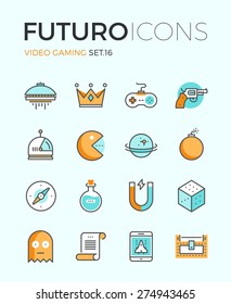 Line Icons With Flat Design Elements Of Video Game Objects, Indie Gaming Develop, Videogame Items, Gamepad Console, Resources Gathering. Modern Infographic Vector Logo Pictogram Collection Concept.