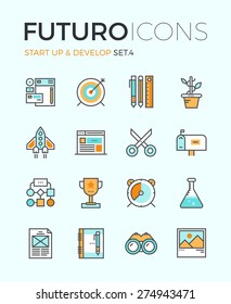 Line Icons With Flat Design Elements Of Business Startup, New Product Develop, Digital Agency Key Features, Creative Organization Workflow. Modern Infographic Vector Logo Pictogram Collection Concept.