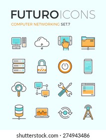 Liniensymbole mit flachen Gestaltungselementen der Computer-Netzwerk-Technologie, Cloud-Computing-Netzwerke, Server-Datenbank, technische Instrumente. Modernes infographisches Vektorlogo-Piktogramm-Kollektionskonzept.