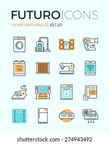 Line icons with flat design elements of major home appliances, consumer electronics devices, household goods for cooking and cleaning. Modern infographic vector logo pictogram collection concept.