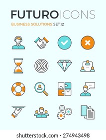 Line icons with flat design elements of customer service, client support, success business management, teamwork cooperation process. Modern infographic vector logo pictogram collection concept. 