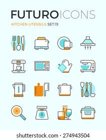 Line icons with flat design elements of kitchen utensils, glassware and cooking appliances, kitchenware for food preparation, cutlery tools. Modern infographic vector logo pictogram collection concept