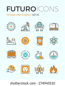 Line icons with flat design elements of power and energy production, electric industry, world ecology conservation, coal mining minerals. Modern infographic vector logo pictogram collection concept.