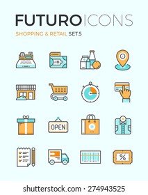 Line Icons With Flat Design Elements Of Market Store Goods, Retail Shopping Activity, Discount For Products, Consumer Items For Selling. Modern Infographic Vector Logo Pictogram Collection Concept.