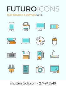 Line icons with flat design elements of personal electronics and multimedia devices, consumer technology object, home and office appliances. Modern infographic vector logo pictogram collection concept