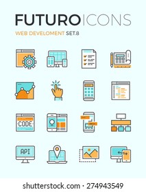 Line icons with flat design elements of responsive website development, web programming process, API interface coding, mobile app UI making. Modern infographic vector logo pictogram collection concept