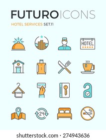 Line icons with flat design elements of major hotel service facilities, luxury resort accommodation, motel facility and hostel amenities. Modern infographic vector logo pictogram collection concept.