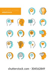 Line icons with flat design elements of mental health and autism problem, human brain process, people mind transformation, head thinking. Modern infographic vector logo pictogram collection concept.