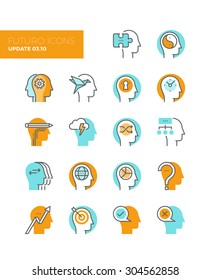 Line icons with flat design elements of human solution provider, teamwork strategy brainstorming, human profile management, head thinking. Modern infographic vector logo pictogram collection concept.