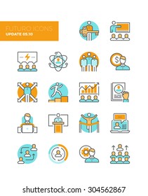 Line icons with flat design elements of team building organization, leadership development, personal training, business people management. Modern infographic vector logo pictogram collection concept.