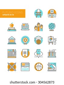 Line icons with flat design elements of education technology for teaching online, studying books with cloud library, innovation research. Modern infographic vector logo pictogram collection concept.