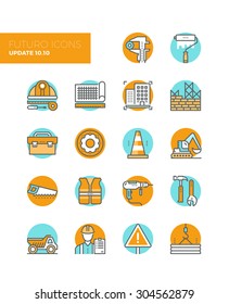 Line icons with flat design elements of building construction site process, engineering drawing production, worker toolbox with equipment. Modern infographic vector logo pictogram collection concept.