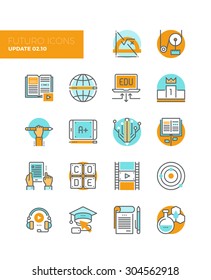 Iconos de línea con elementos de diseño plano de la tecnología de educación en línea, aprendizaje de la gente la ciencia aplicada, crecimiento de la base de conocimiento, aprender a codificar. Concepto moderno de colección de pictogramas del logotipo de los vectores de infografía.