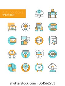 Line icons with flat design elements of corporate business work flow, cloud solution for small team, startup development and management. Modern infographic vector logo pictogram collection concept.