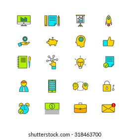 Line icons with flat design elements of business, market strategy vision, digital marketing. 