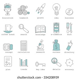 Line icons with flat design elements of corporate business work flow, cloud solution for small team, startup development and management. Modern infographic vector logo pictogram collection concept.