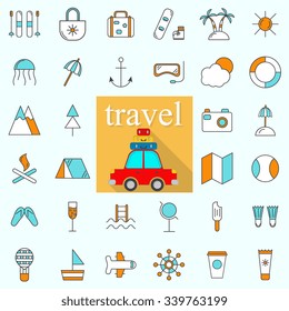 Line icons with flat design elements of  tourism. Modern infographic vector logo pictogram collection concept.
