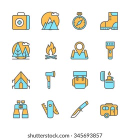Line icons with flat design elements of camping equipment, hiking activity, outdoors adventure, mountain climbing, recreation tourism. Modern infographic vector logo pictogram collection concept.