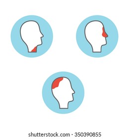 Line icons with flat design elements of catarrhal diseases of the nose, throat, headache. stock vector