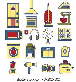 Line icons with flat design elements of major home appliances, consumer electronics devices, household goods for cooking and cleaning. Modern infographic vector logo pictogram collection concept.