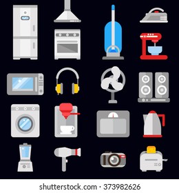 Line icons with flat design elements of major home appliances, consumer electronics devices, household goods for cooking and cleaning. Modern infographic vector logo pictogram collection concept.