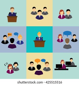 Line icons with flat design elements of customer service, client support, success business management, teamwork cooperation process.