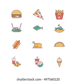 Line icons with flat design elements of food and beverages, cafe menu items, popular healthy and various fast-food culinary objects. Vector illustration.