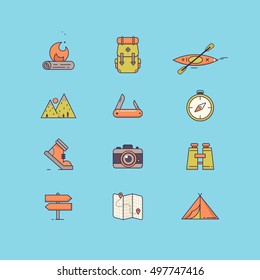 Line icons with flat design elements of survival tourism recreation, outdoor camping, travel and vacation. Vector illustration.