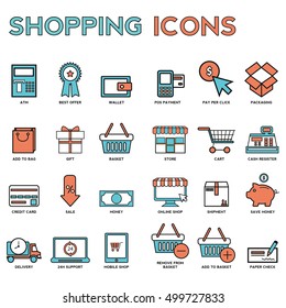 Line icons with flat design elements of market store goods, retail shopping activity, discount for products, consumer items for selling. Modern infographic vector logo pictogram collection concept