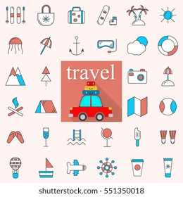 Line icons with flat design elements of  tourism. Modern infographic vector logo pictogram collection concept.