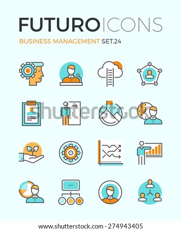 Line icons with flat design elements of business people organization, human resource management, company seminar training, career progress. Modern infographic vector logo pictogram collection concept.