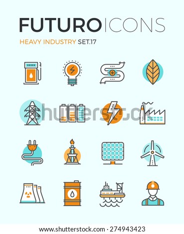 Line icons with flat design elements of power and energy heavy industry, factory production, oil extraction, renewable energy develop. Modern infographic vector logo pictogram collection concept.