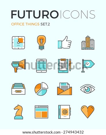 Line icons with flat design elements of marketing things and business essential tools, personal office equipment, work accounting routine. Modern infographic vector logo pictogram collection concept.