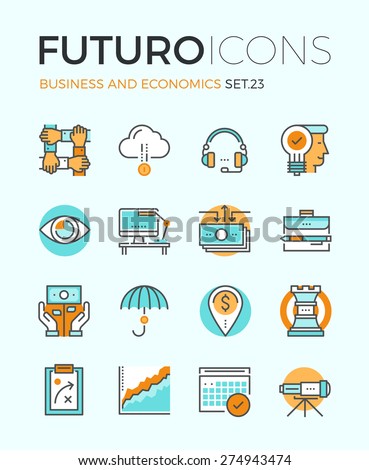 Line icons with flat design elements of corporate business economics, global market strategy vision, partnership teamwork organization. Modern infographic vector logo pictogram collection concept.