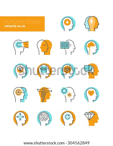 Line icons with flat design elements of mental health and autism problem, human brain process, people mind transformation, head thinking. Modern infographic vector logo pictogram collection concept.