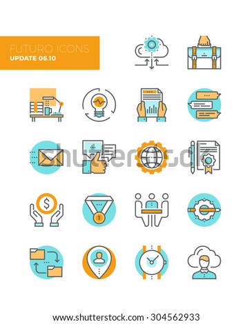 Line icons with flat design elements of corporate business work flow, cloud solution for small team, startup development and management. Modern infographic vector logo pictogram collection concept.