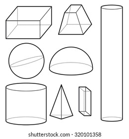 Line icons geometric shapes. Sphere, cylinder, trapeze, cube, parallelepiped, pyramid