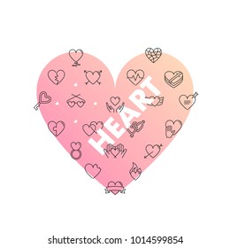 Line icons in heart shape.  Heart pack. Vector illustration with romantic symbols for love style works
