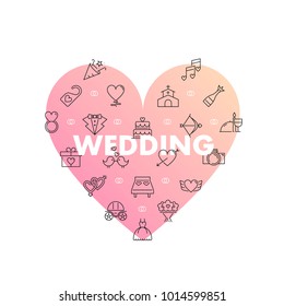  Line icons in heart shape. Wedding pack. Vector illustration with marriage elements  