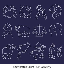 line icons of horoscope star sign dark background