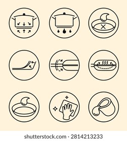 Line icons, icon set for dish properties: non-stick coating, Heat Diffusion, Easy cleaning, Liquid Metal Technology, flipping, Low Gas Consumption, Low-Oil Cooking, oven-safe pot features. Editable strokes.