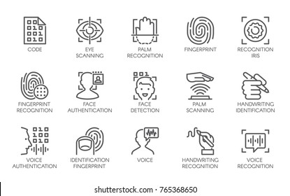 Line icons of identity biometric verification sign. 15 web label of authentication technology in mobile phones, smartphones and other devices. Vector logo or button isolated on white background