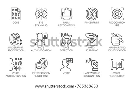 Line icons of identity biometric verification sign. 15 web label of authentication technology in mobile phones, smartphones and other devices. Vector logo or button isolated on white background