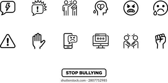 Line icons illustrating various forms of bullying, including physical, verbal, and cyberbullying, with a stop bullying message.