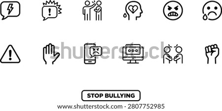 Line icons illustrating various forms of bullying, including physical, verbal, and cyberbullying, with a stop bullying message.