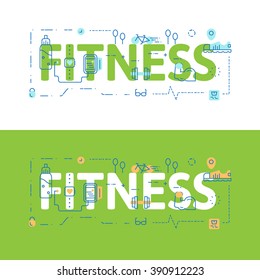 Line icons illustration concept of words fitness and elements Vector illustration concept for website banner, printing or infographics.
